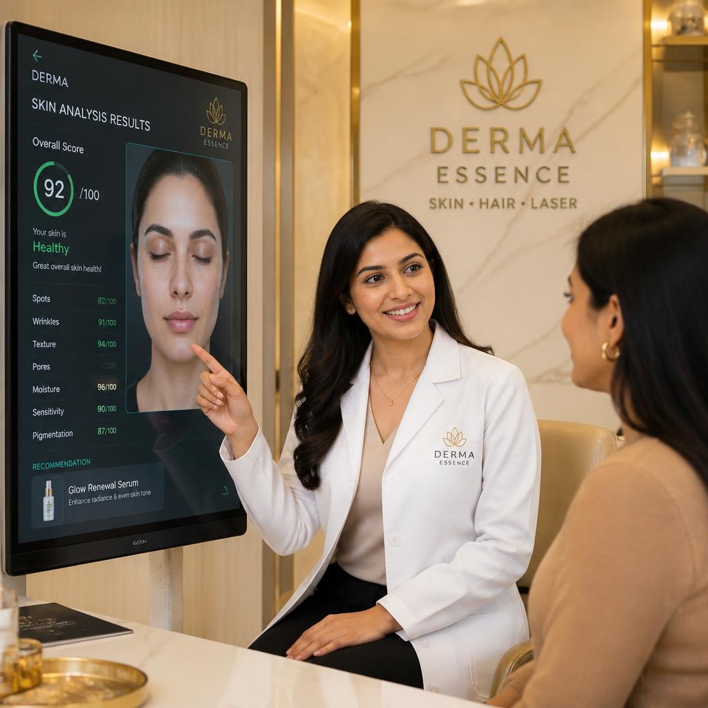 Dr. Ekagra Jain evaluating client skin conditions with dynamic dermatoscope